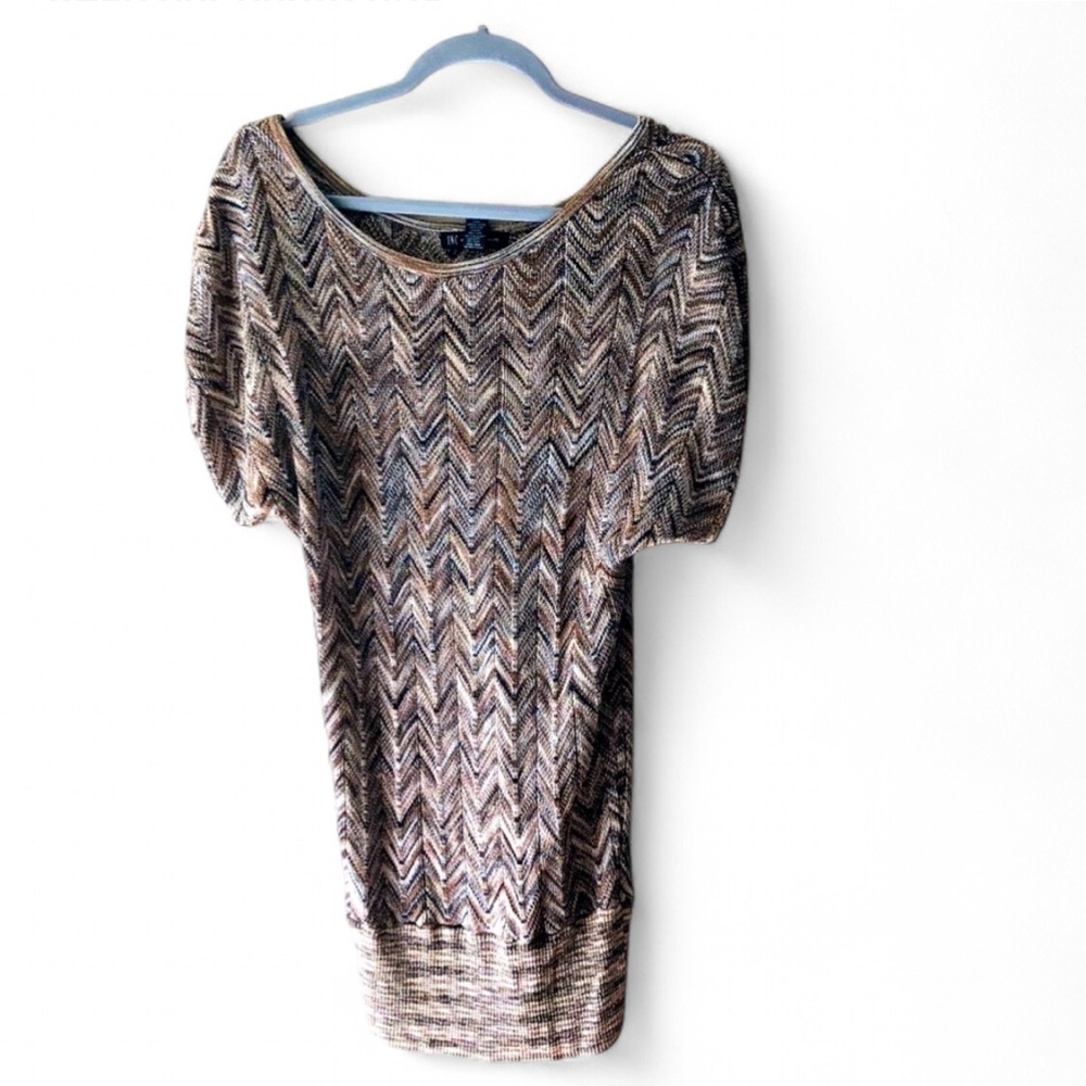 INC CHEVRON PRINT METALLIC SHORT SLEEVE TUNIC TOP STRETCHY SIZE LARGE